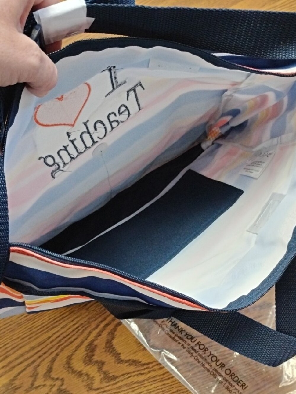 Thirty-One Vista Stripe Crossbody Tote - Navy, Coral, Light Blue, Yellow. NWT. - Picture 4 of 9
